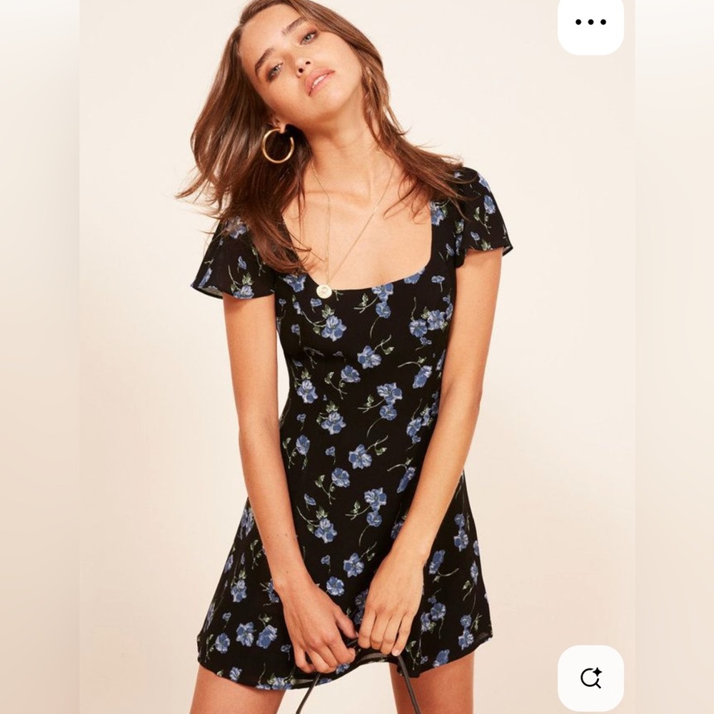 Reformation Emery Mini Dress - Floral Black &  Blue (Size 2)